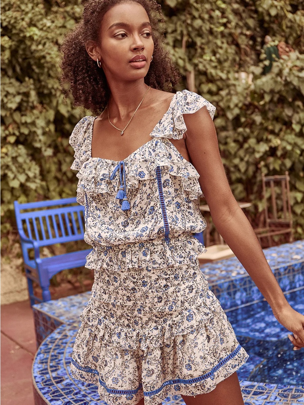 SAYLOR Blue and Cream Floral Ruffle Dress